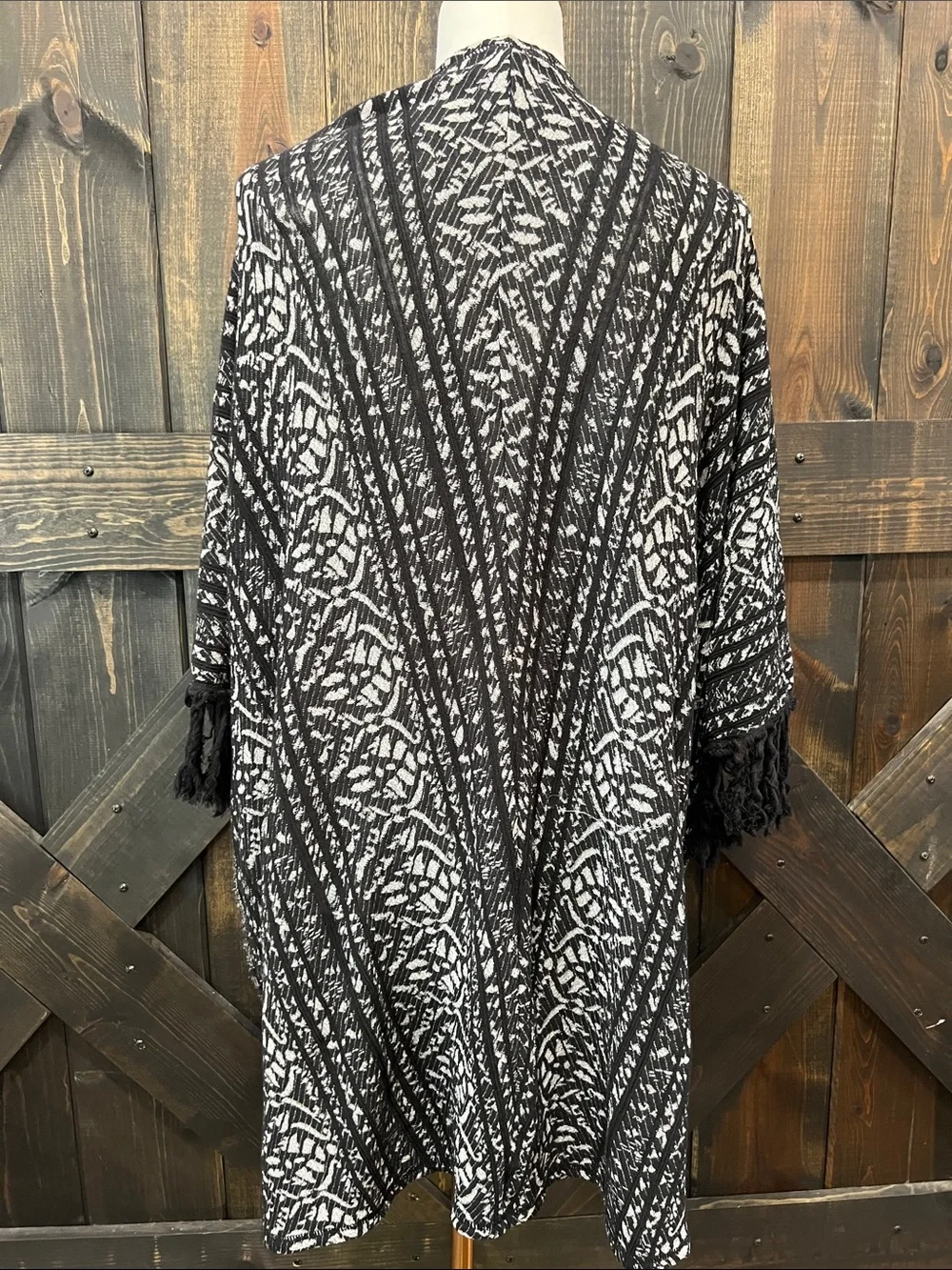 Free People Oversized Fringe Kimono Open Cardigan XS S Geo Printed Boho Layering